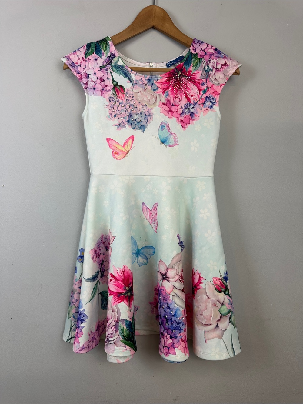 TM by Truly Me Light Blue Embellished Butterfly Floral Skater Dress Sz Girls 14